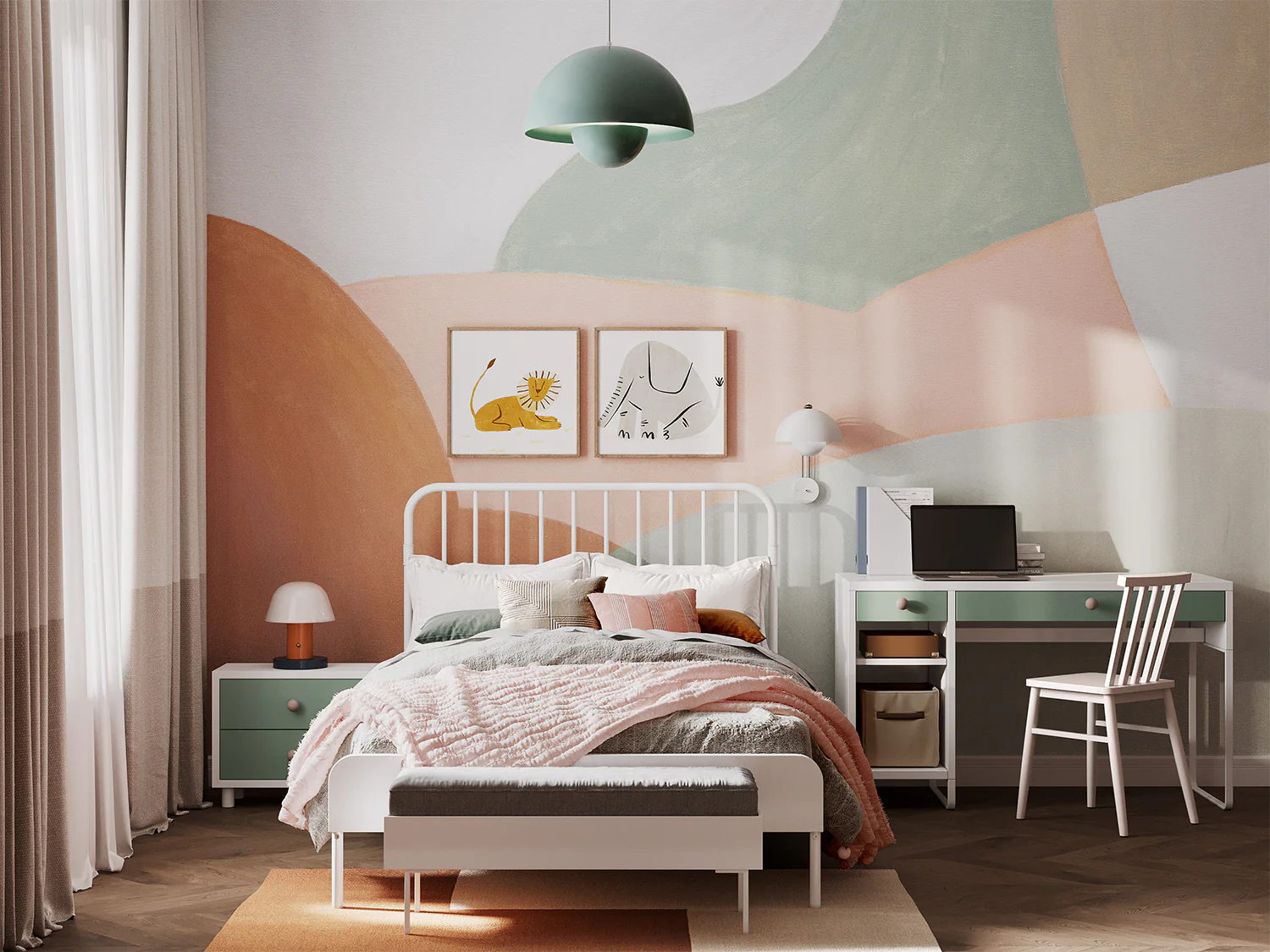 Artist Palette, Abstract wallpaper in a kids bedroom with study table and pendant lamp