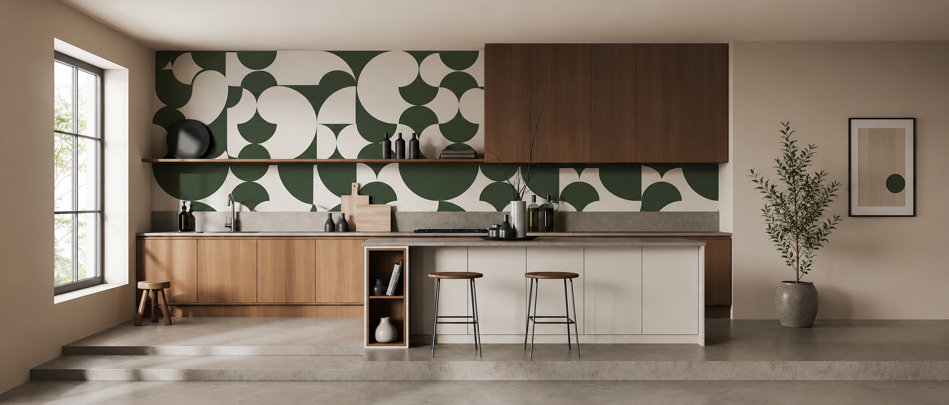 Arcadian Harmony wallpaper, Green in a kitchen with wooden cupboards and bench