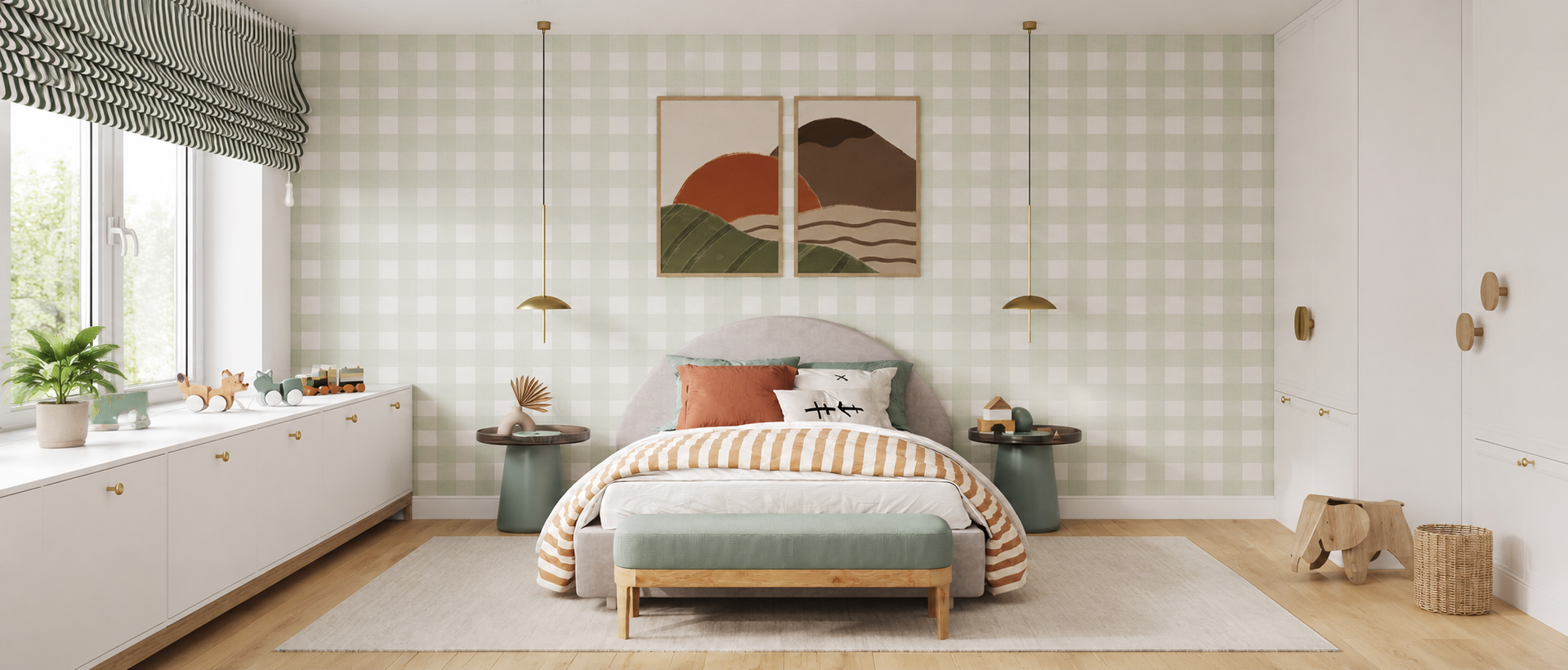 Gingham pattern wallpaper in Green in a kids room with white carpentry and bed