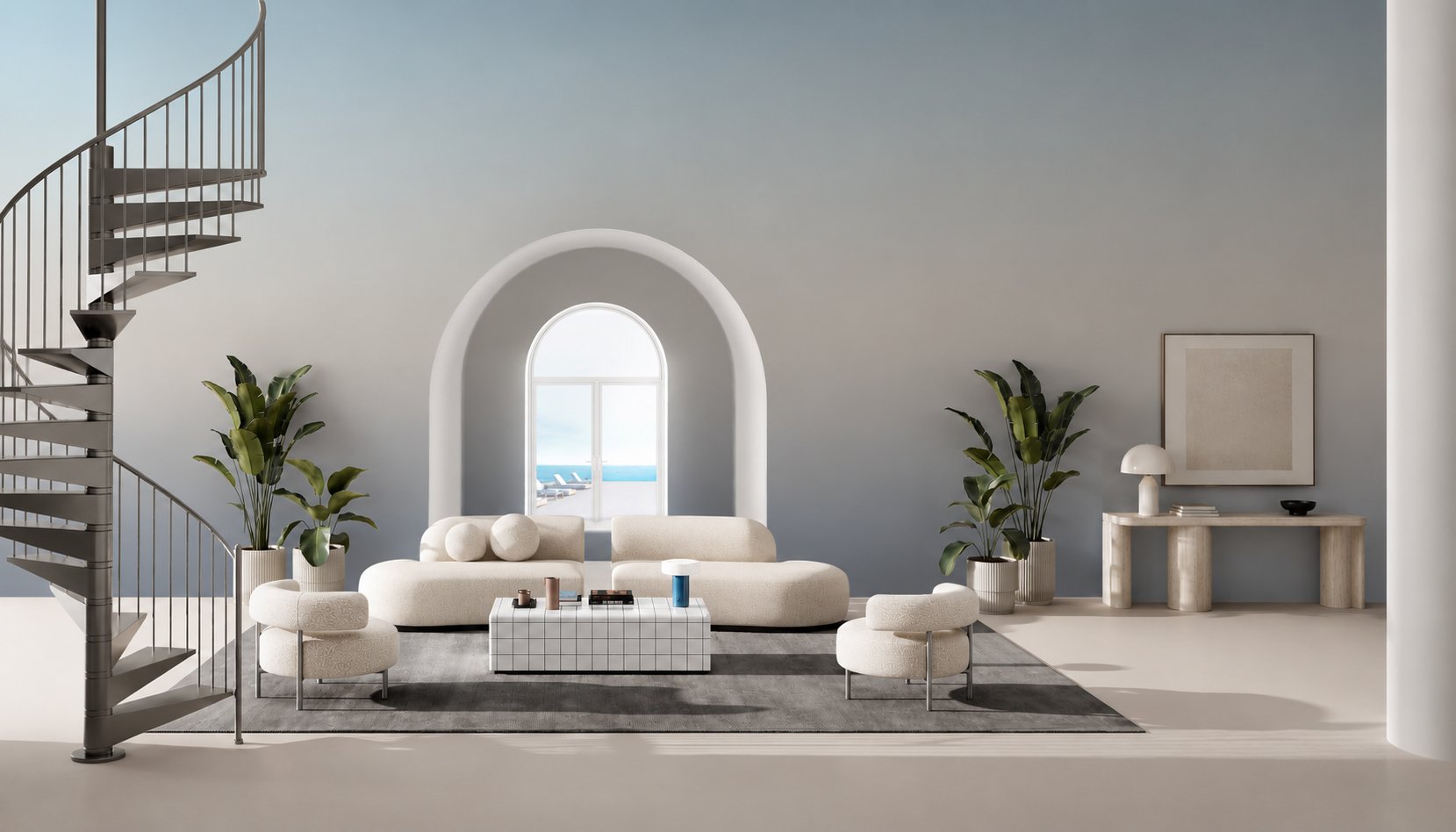 Luminate Gradient, Ombre Mural Wallpaper in living room with staircase, sofa and a side table