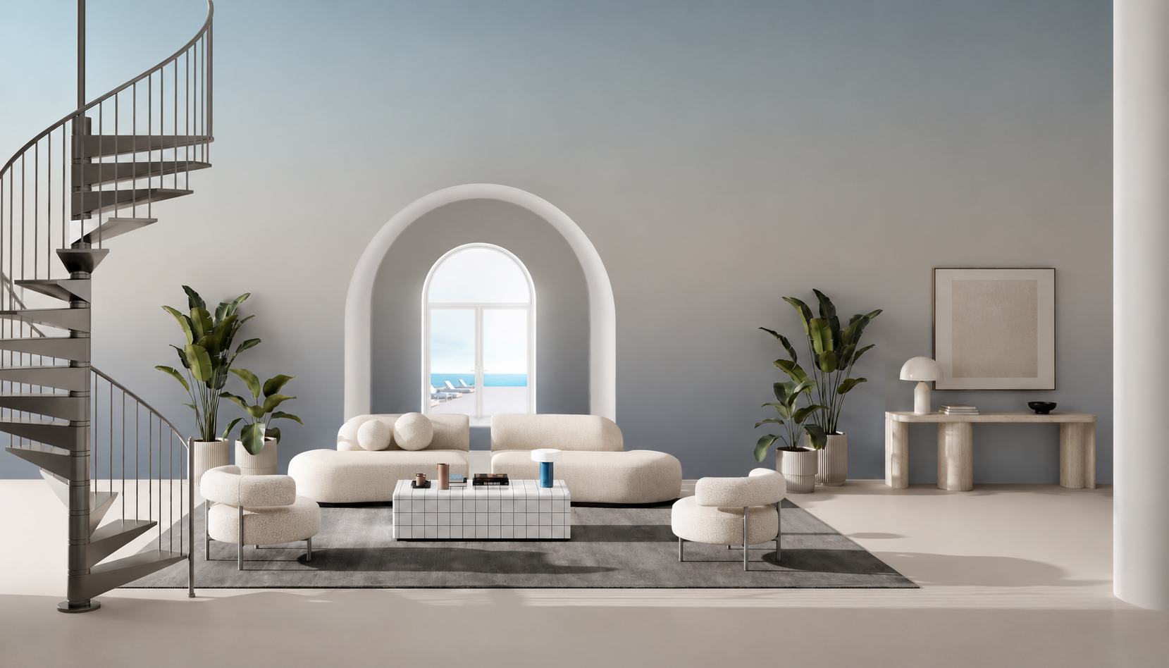 Luminate Gradient, Ombre Mural Wallpaper in living room with staircase, sofa and a side table