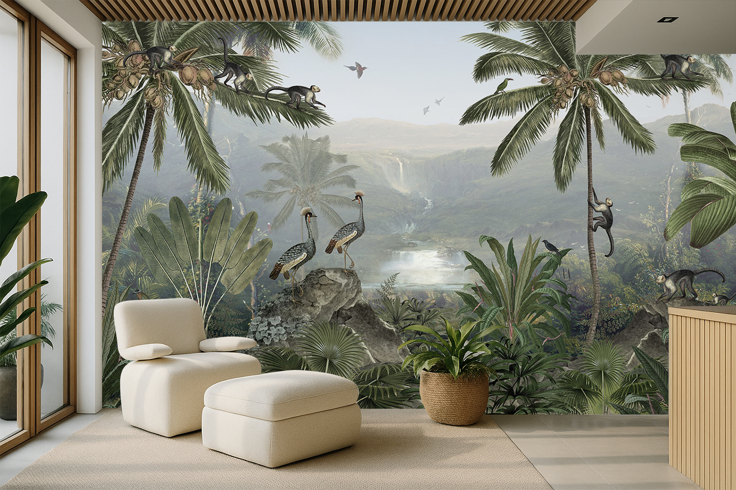 Rainforest wallpaper mural with monkeys in tall palms, herons and a waterfall valley behind a cream armchair and footstool in a bright living room