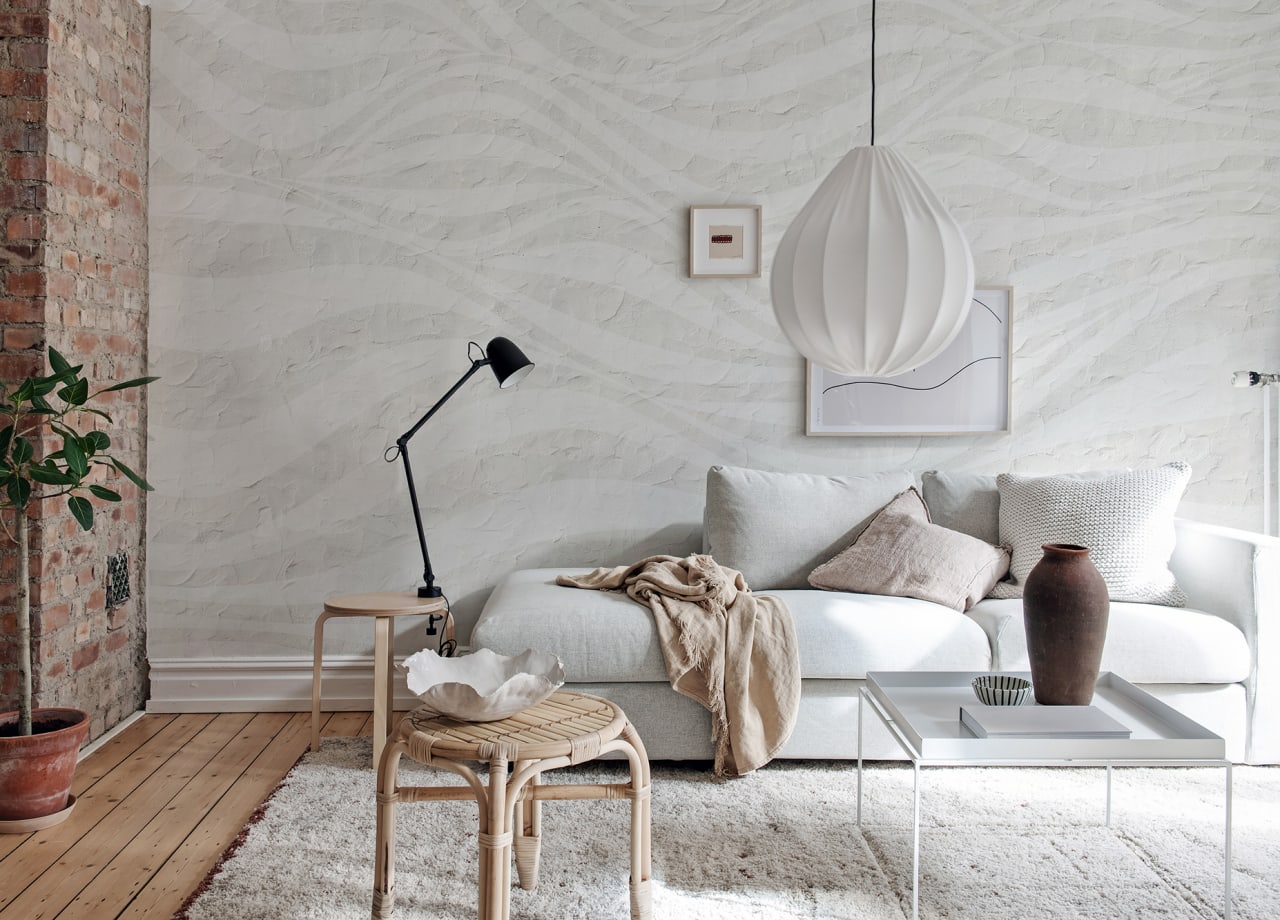 Graphic Hills Abstract Mural Wallpaper in Light Grey in Living Room