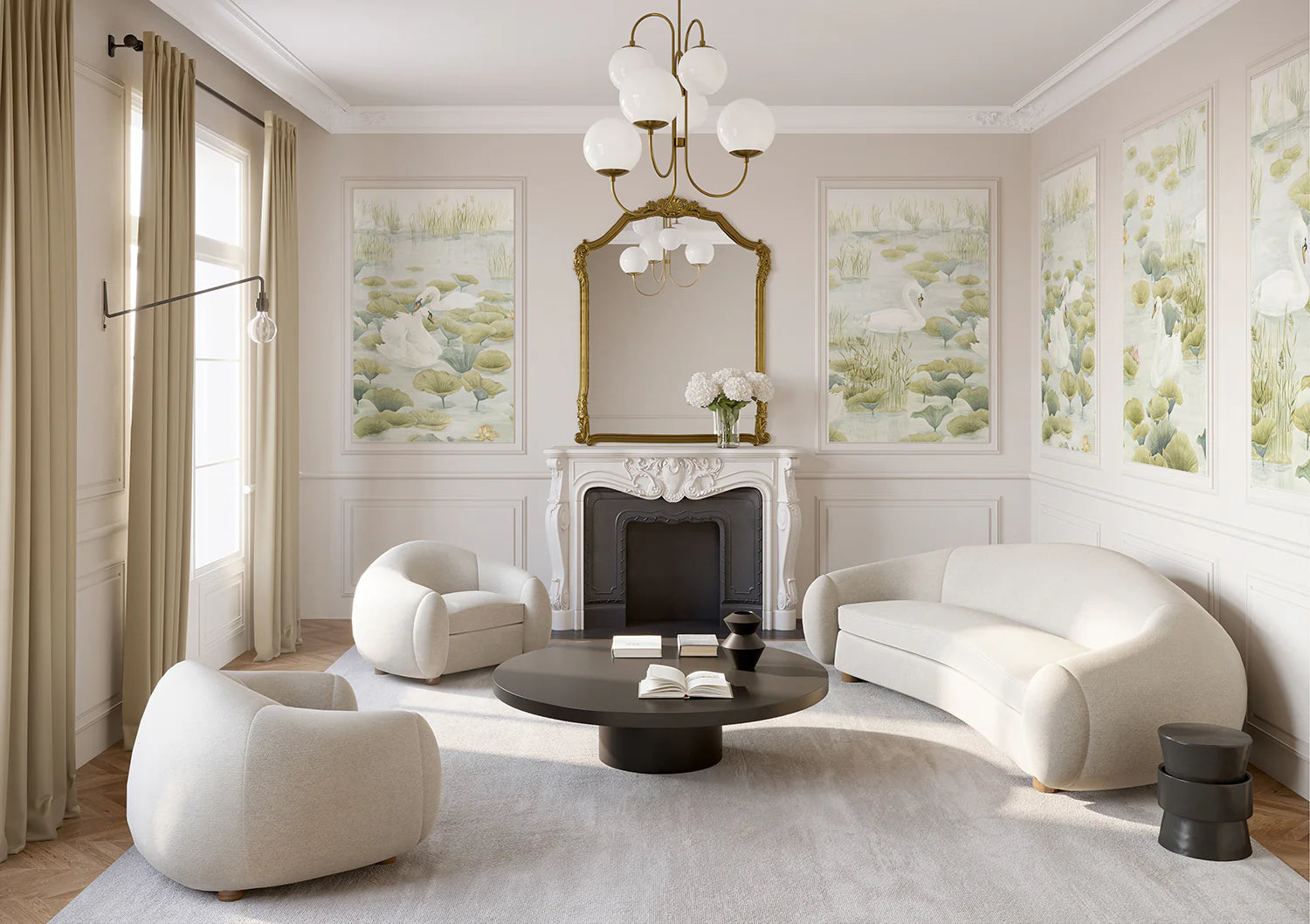 HC-Swans_and_Lilies_Nature_Mural_Wallpaper-Green-Interior2.webp