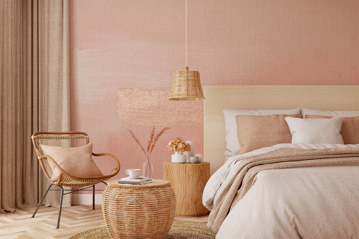 Luxury gold and blush pink watercolour mural wallpaper with metallic texture for a glamorous statement wall in bedroom
