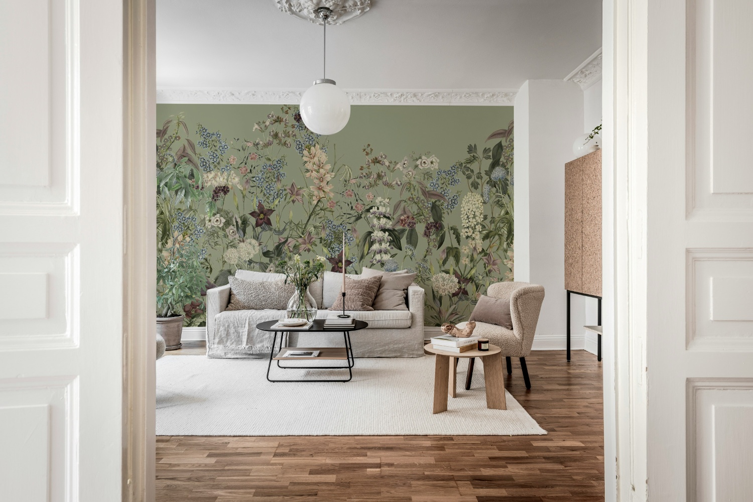 garden wallpaper with summer land design featured in living room as the feature wall