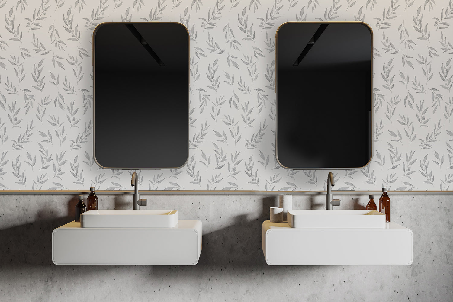 Watercolour foilage pattern wallpaper in grey in toilet with 2 basins