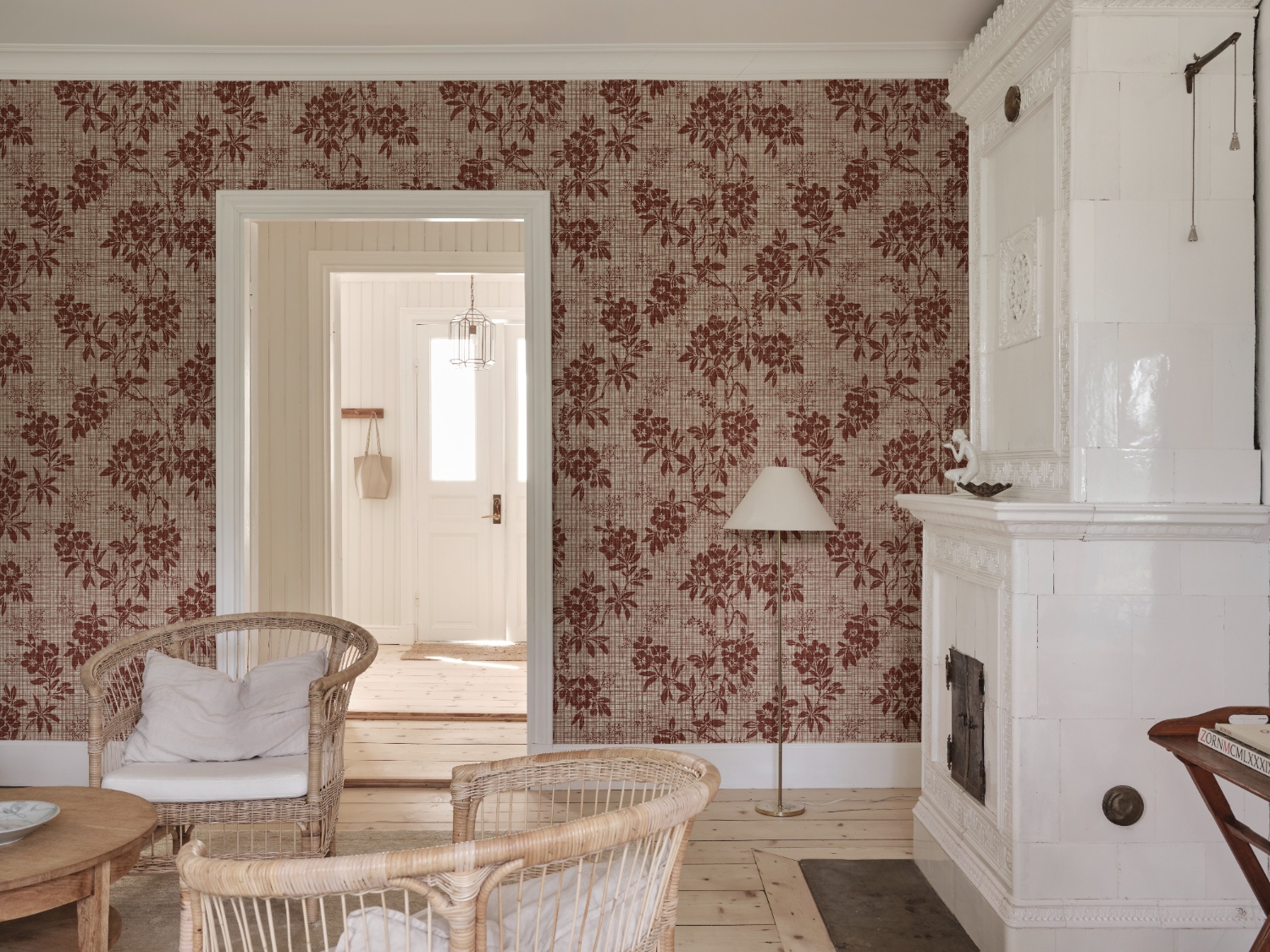 Vera Floral Red Pattern Wallpaper in Living Room