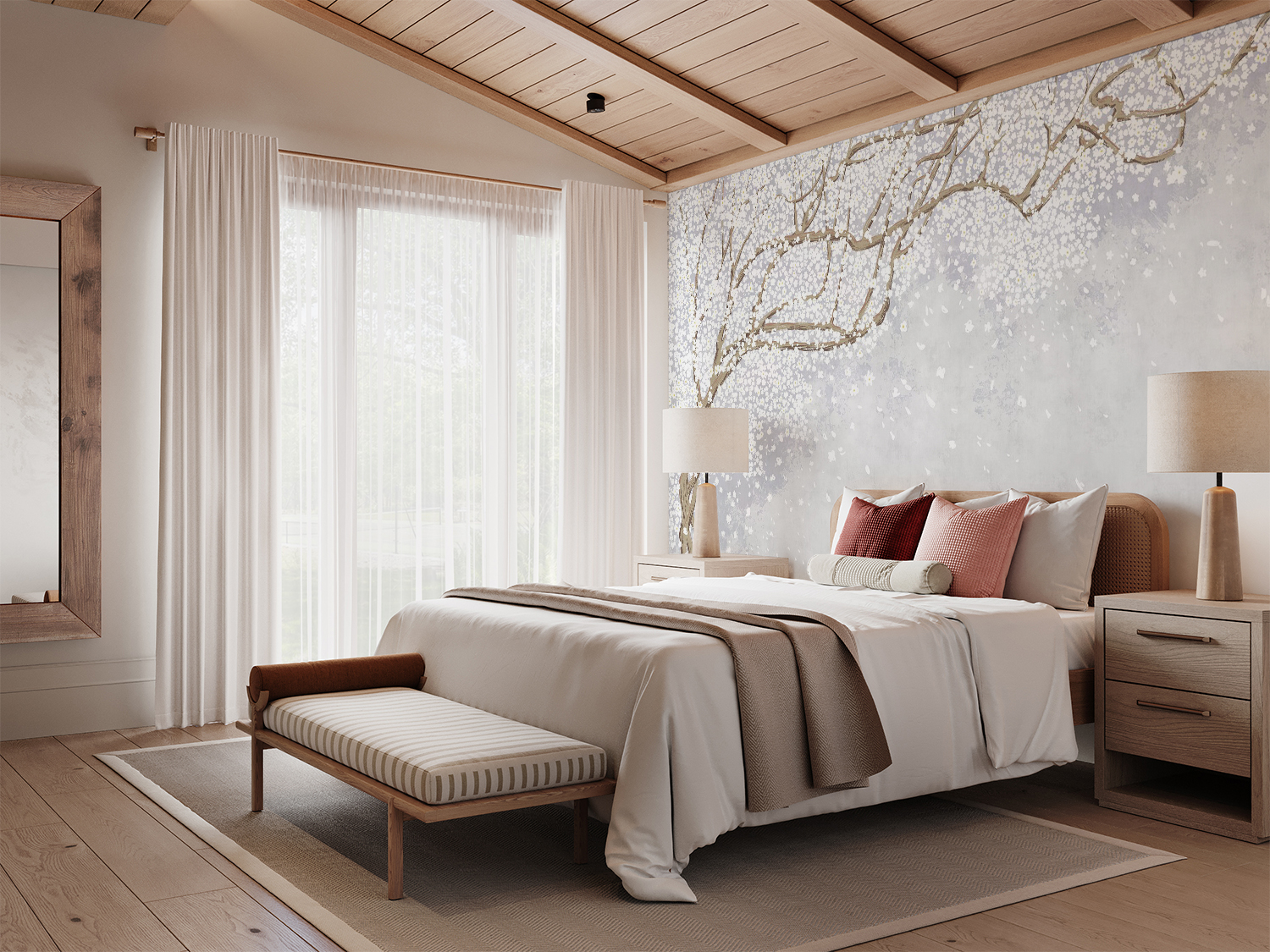 Spring Tree Floral Mural Wallpaper Blue in Cosy Bedroom