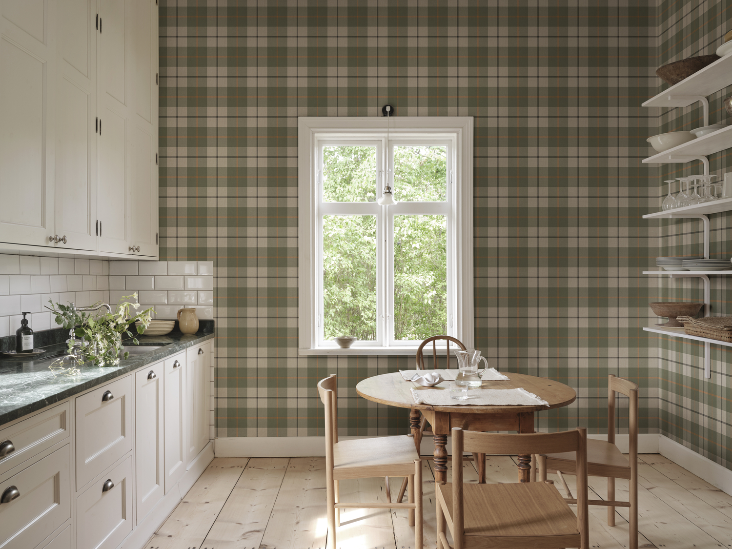 Green checkered grandmillennial wallpaper in a cosy kitchen with wooden furniture