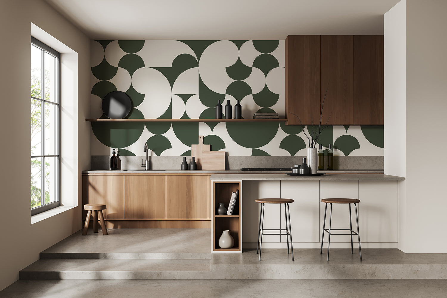 Arcadian Harmony, Geometric Wallpaper featured in artsy mid-century kitchen style