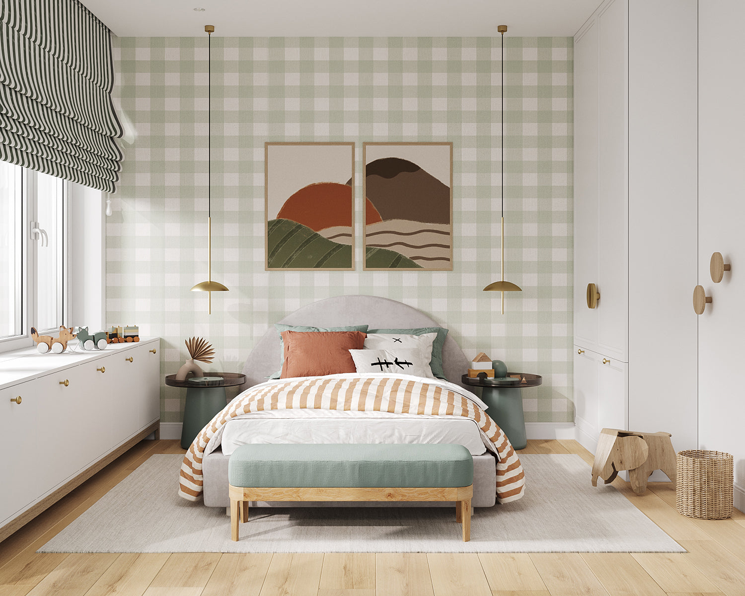 Gingham Pattern Wallpaper in Sage Green in HDB Children Bedroom