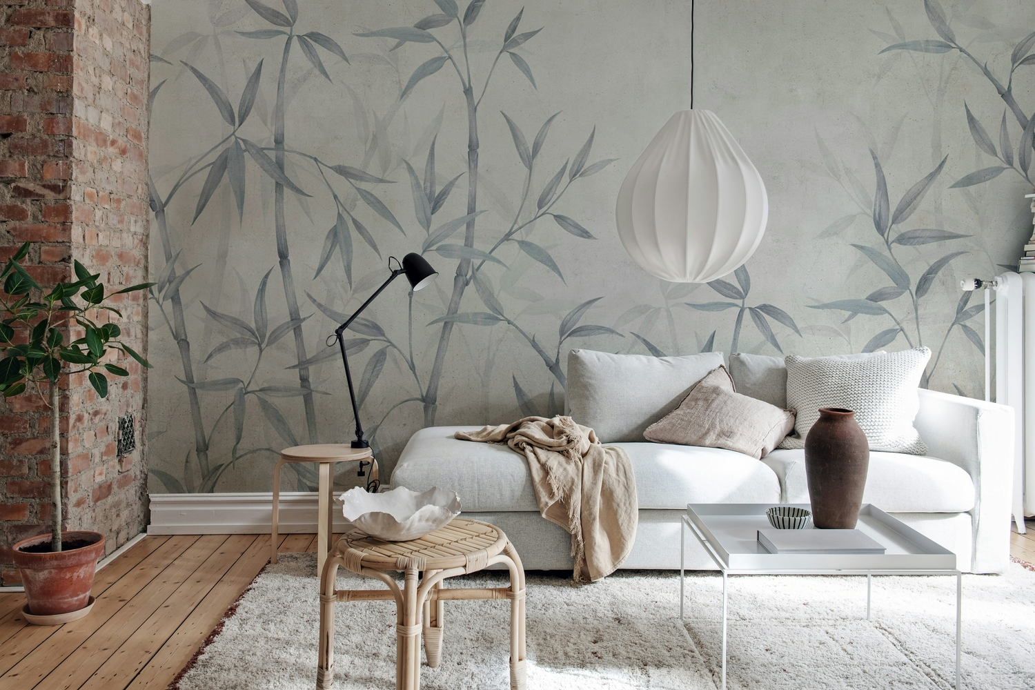 Bamboo light blue and grey mural wallpaper in living room