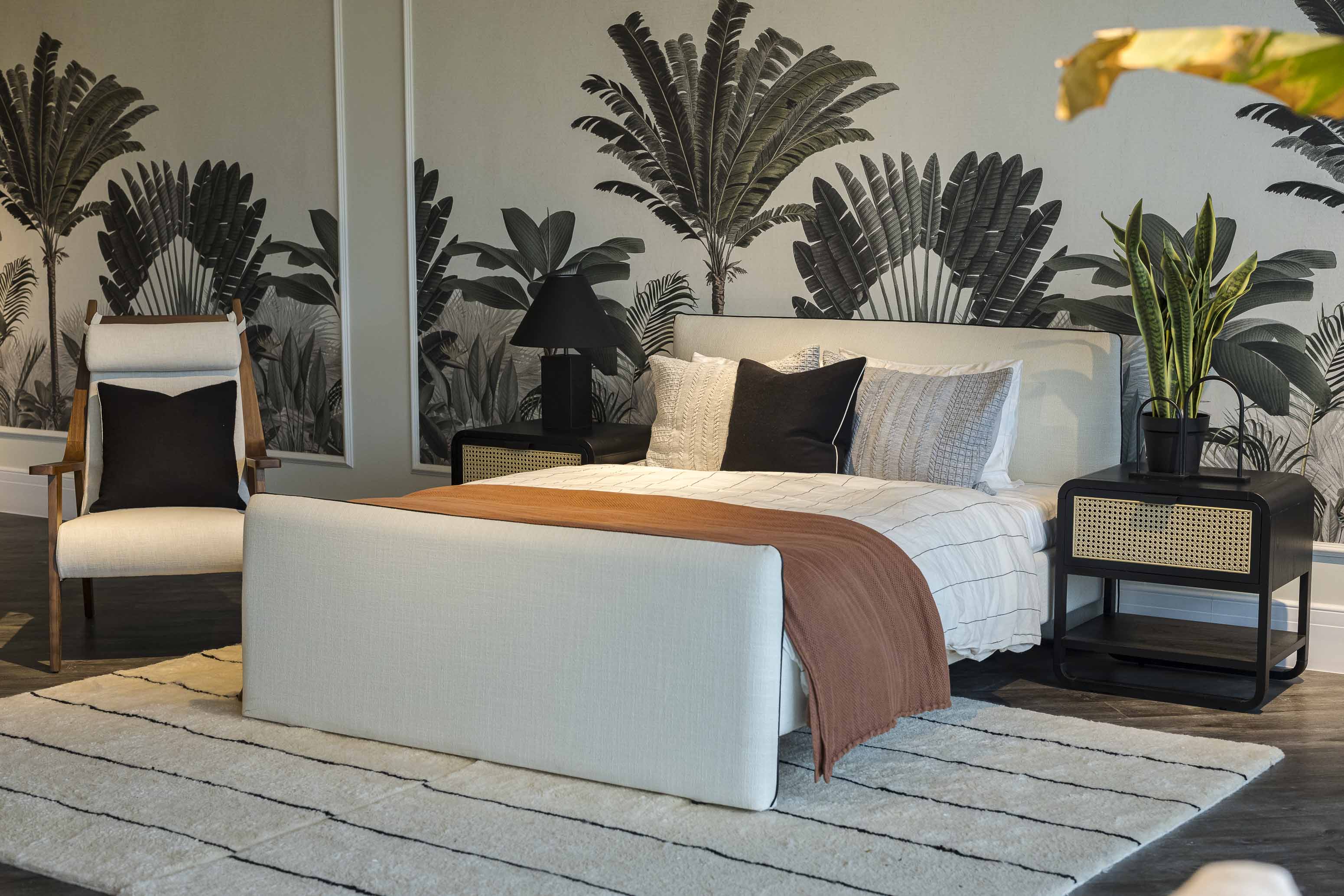 Tropics_Botanical_Wallpaper_in_bedroom.jpg Tropics Botanical Wallpaper in bedroom for a showroom