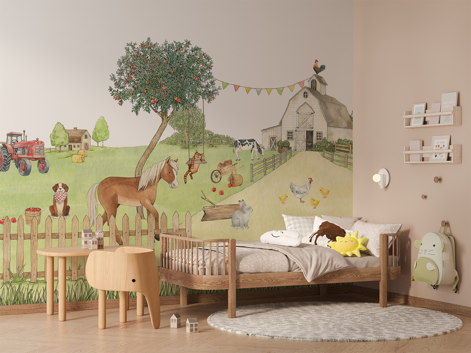 Barnyard Tales mural wallpaper for kids with farm animals in a charming bedroom setting