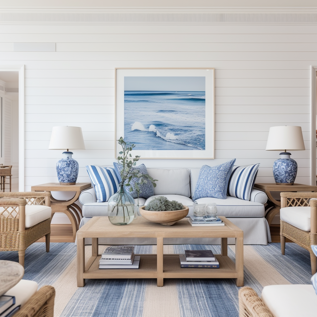 Hampton Style Home Interior Tips - Living room with wooden chairs and coffee table
