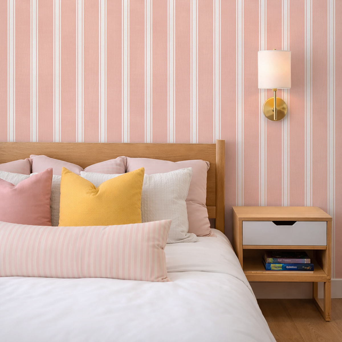 Pink striped wallpaper in a cosy bedroom featuring the Kyra Striped Wallpaper.