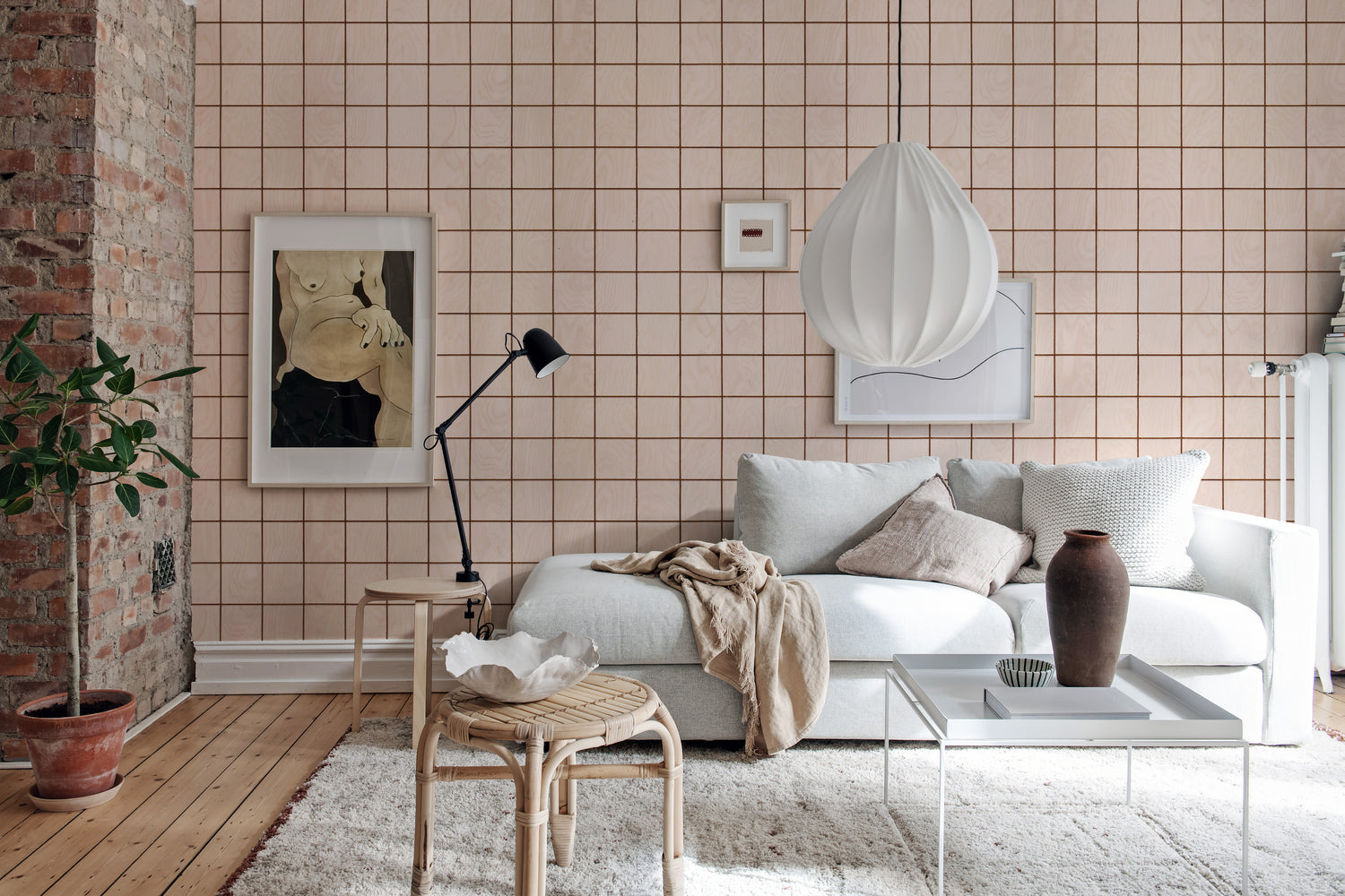 Square Tiles Wallpaper in Nude in Living Room with white sofa and neutral home decor