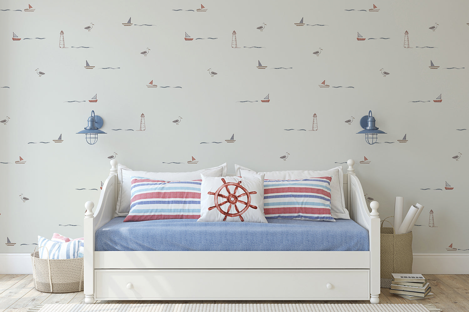 Mini Seafarer Nautical Pattern Wallpaper in Light Grey in Living Room