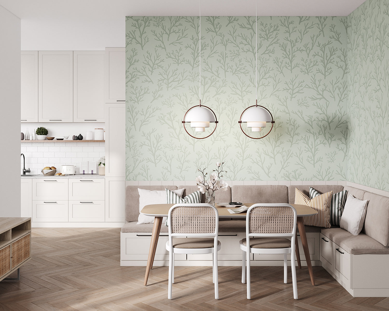 Saltwater Foliage, Pattern Wallpaper featured in dining area