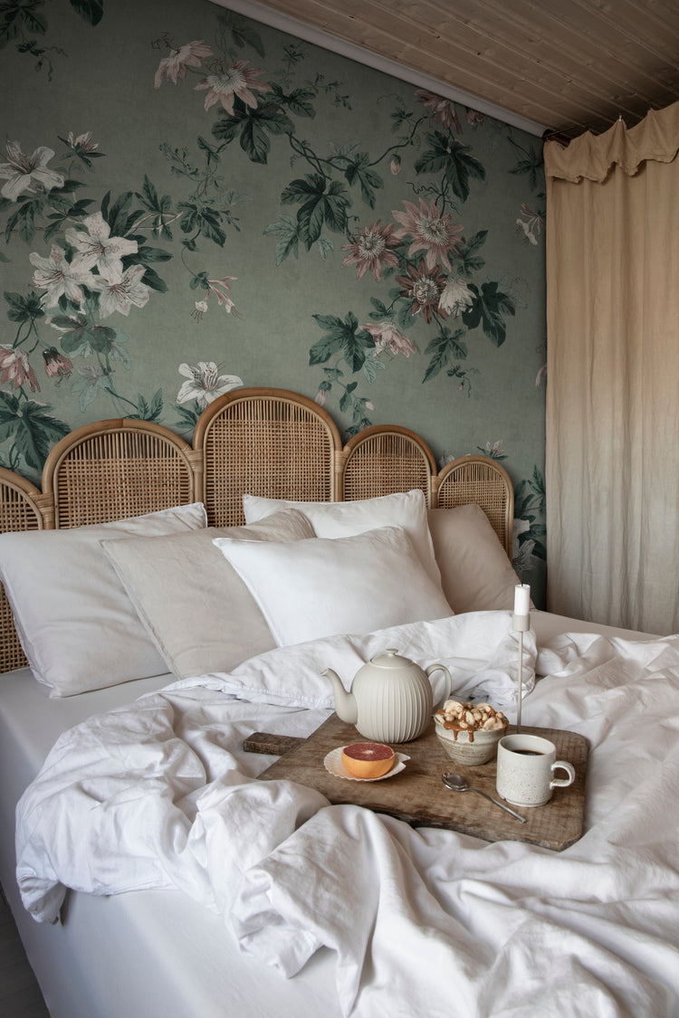 Faded Passion, Floral Pattern Wallpaper featured in cottage-themed bedroom behind the rattan white bed