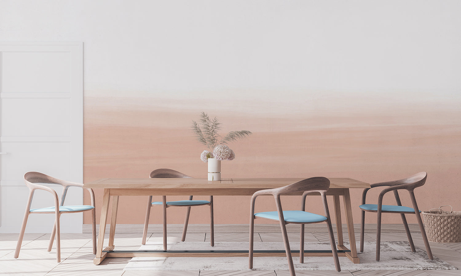 Gradient Pink Ombre Mural Wallpaper in Dining Room with Wooden Table and Chairs