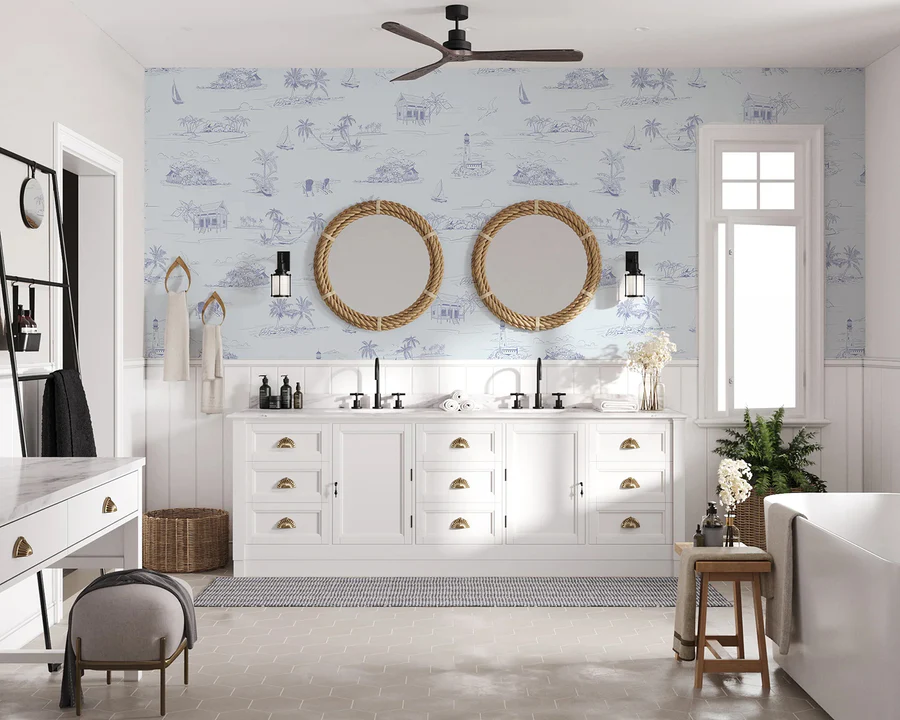 Coastal Shorelines, Pattern Wallpaper installed in a bathroom with white frunitures and two rope-framed mirrors against the wallpaper