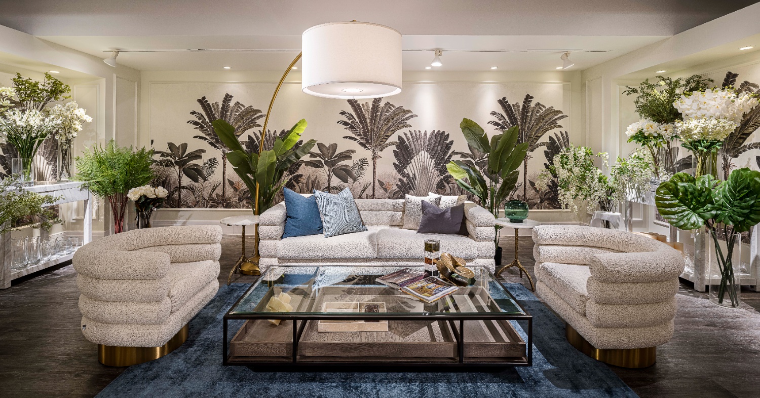 Commercial retail wallpaper at Prelude Living - Palm Paradise Tropical Mural in Living Room Showroom