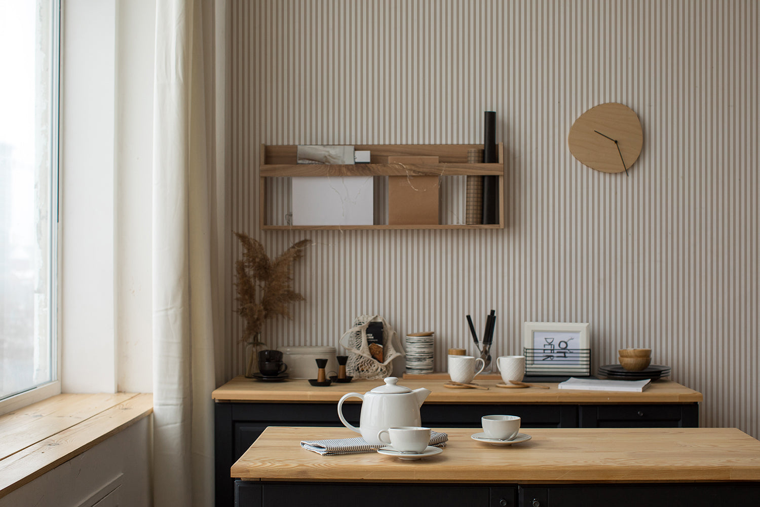 Neutral Striped Wallpaper in Sand in Home Office with Wooden Furntiure