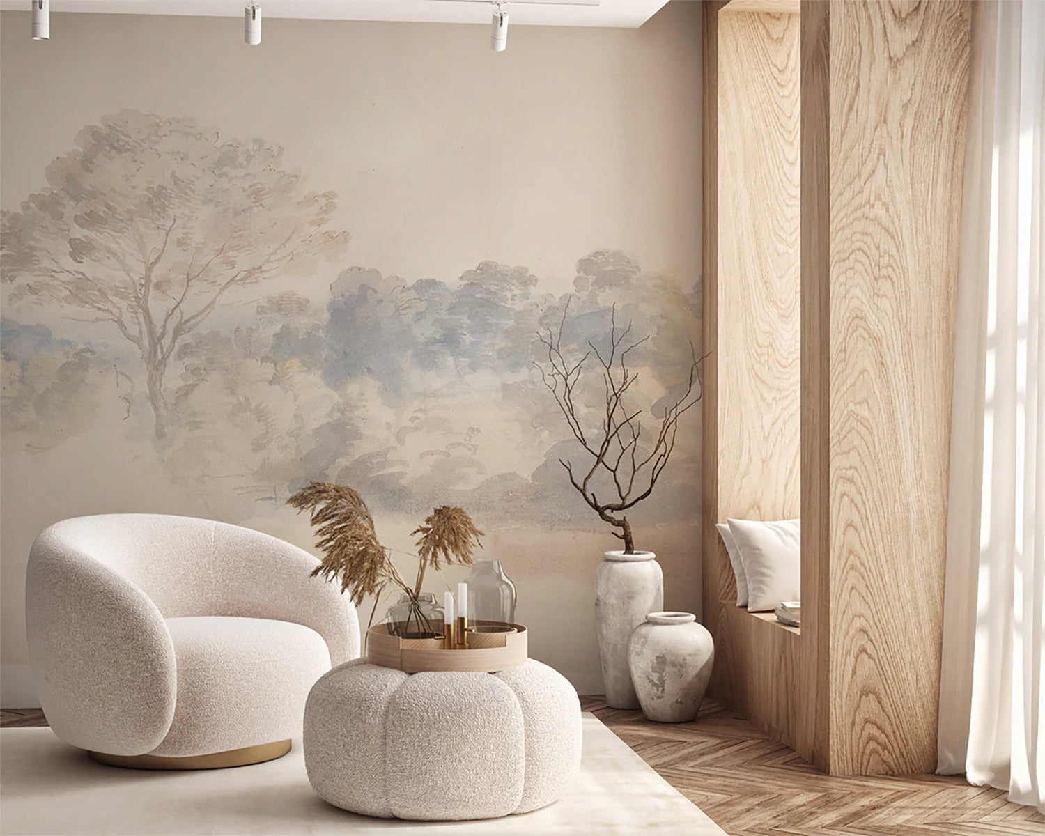An Old World Arboretum, Watercolour Mural Wallpaper featured in japandi small living room style, dominated with wooden furniture and ivory white chairs