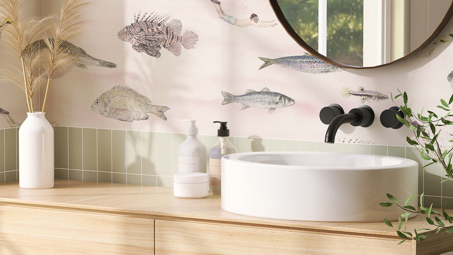 Classic pink fish wallpaper in stylish bathroom interior