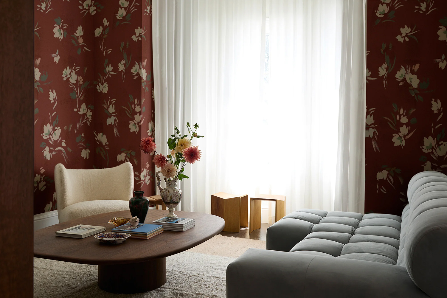 Red dark vintage floral wallpaper with romantic floral detailing