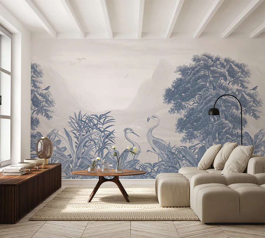 Verdant Oasis, Animals Mural Wallpaper in blue colourway featured on the wall of a cozy living area in modern scandinavian concept