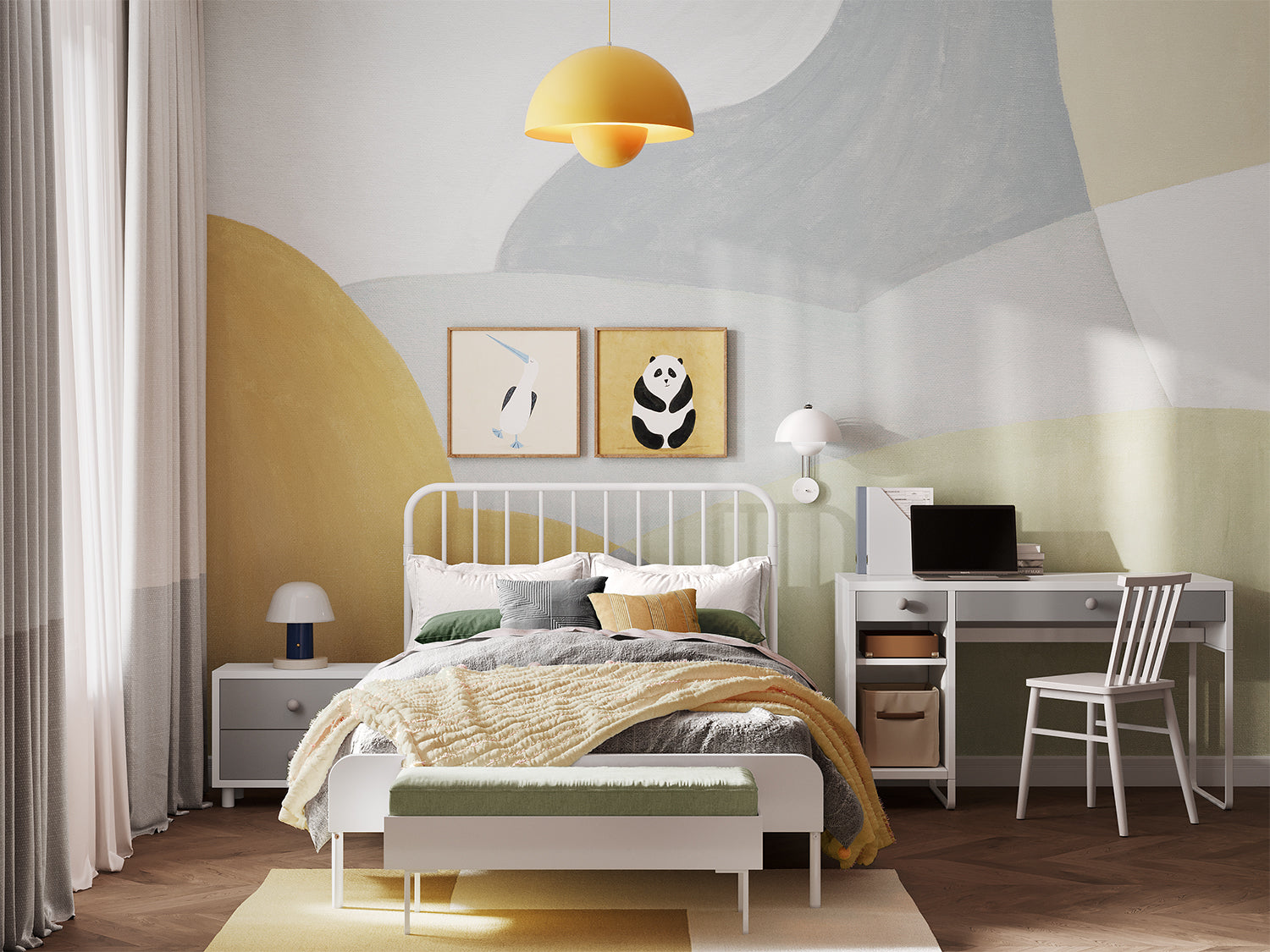 Fun Artist Palette, Pattern Mural Wallpaper in Yellow and Grey in Kid's bedroom