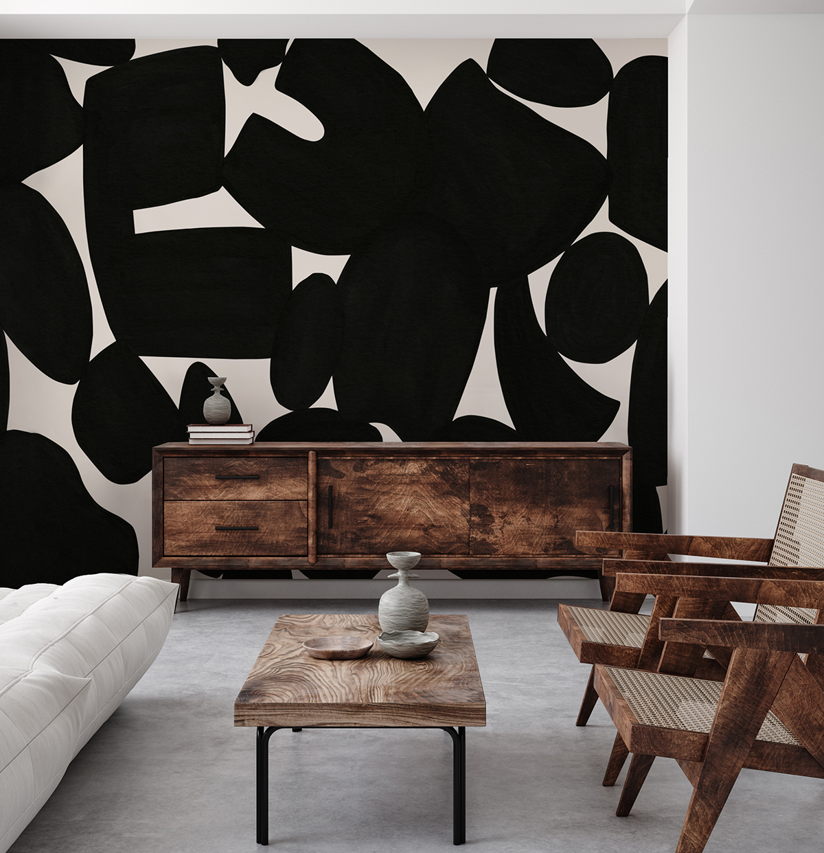 Pebble Form Abstract Mural Wallpaper in black and white colour styled in a living room
