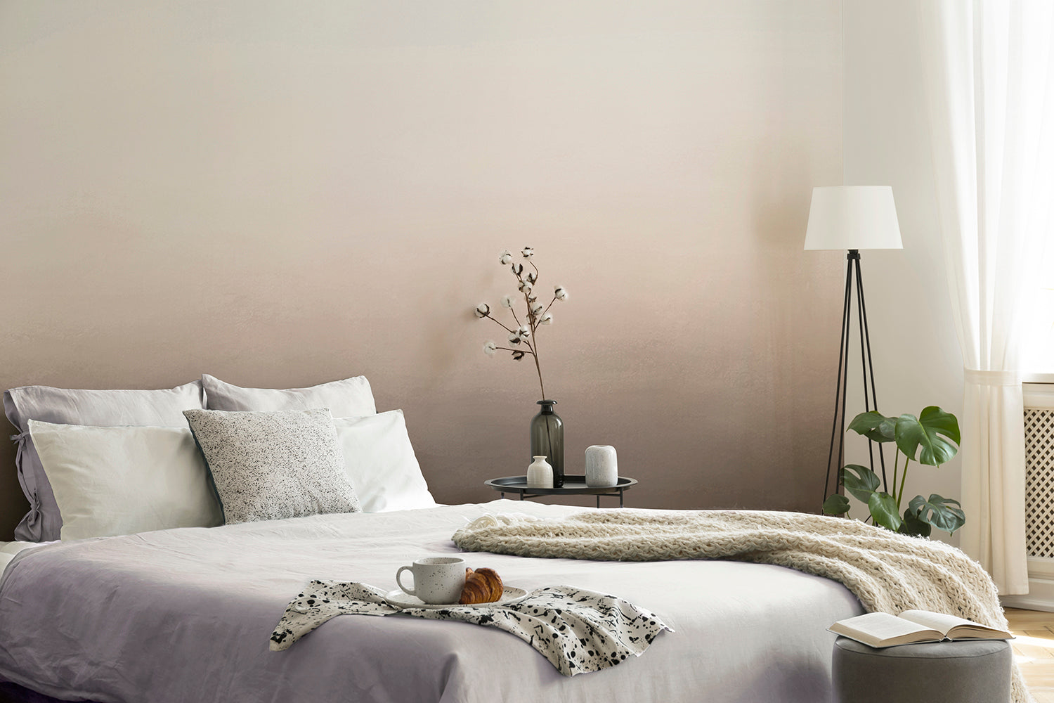 Plain brown ombre mural wallpaper in bedroom