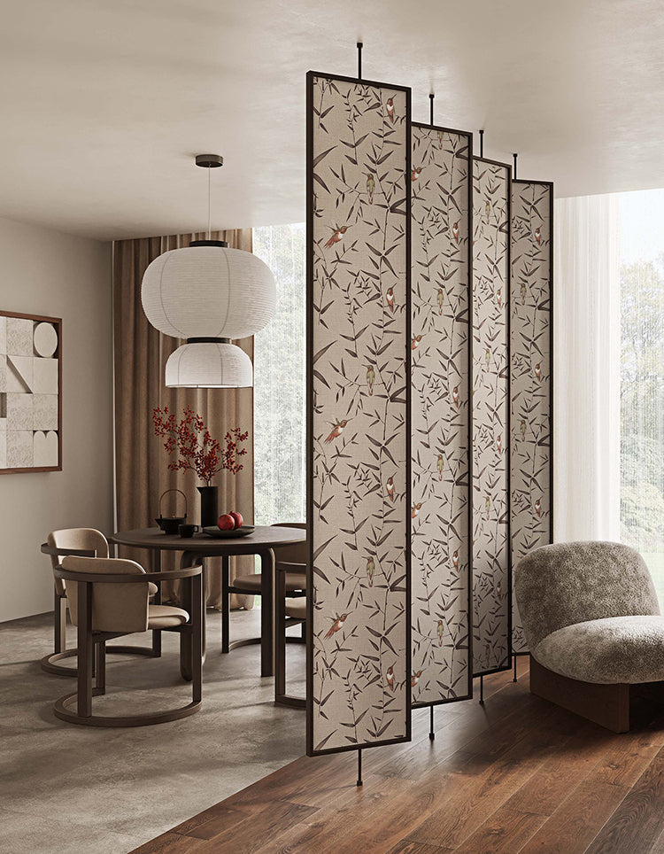 Birdsong Symphony, Animal Pattern Wallpaper in a living room with lantern lights and sofa